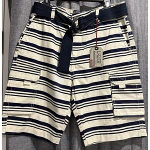 Lazer Garment Co. Belted Cargo Messenger Shorts Blue Striped Pockets Size 33 NWT
